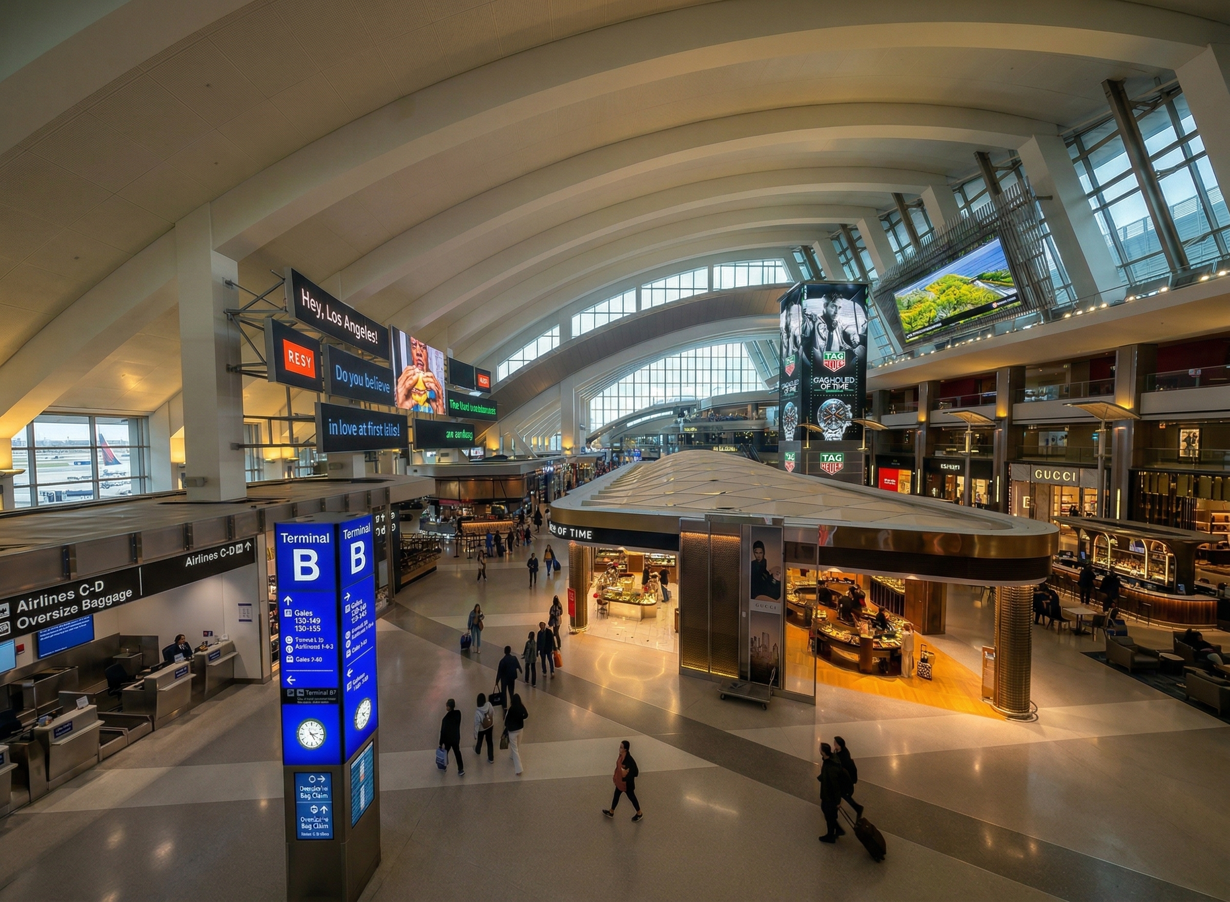 LAX Tom Bradley International Terminal interior with luxury retail and sweeping architecture